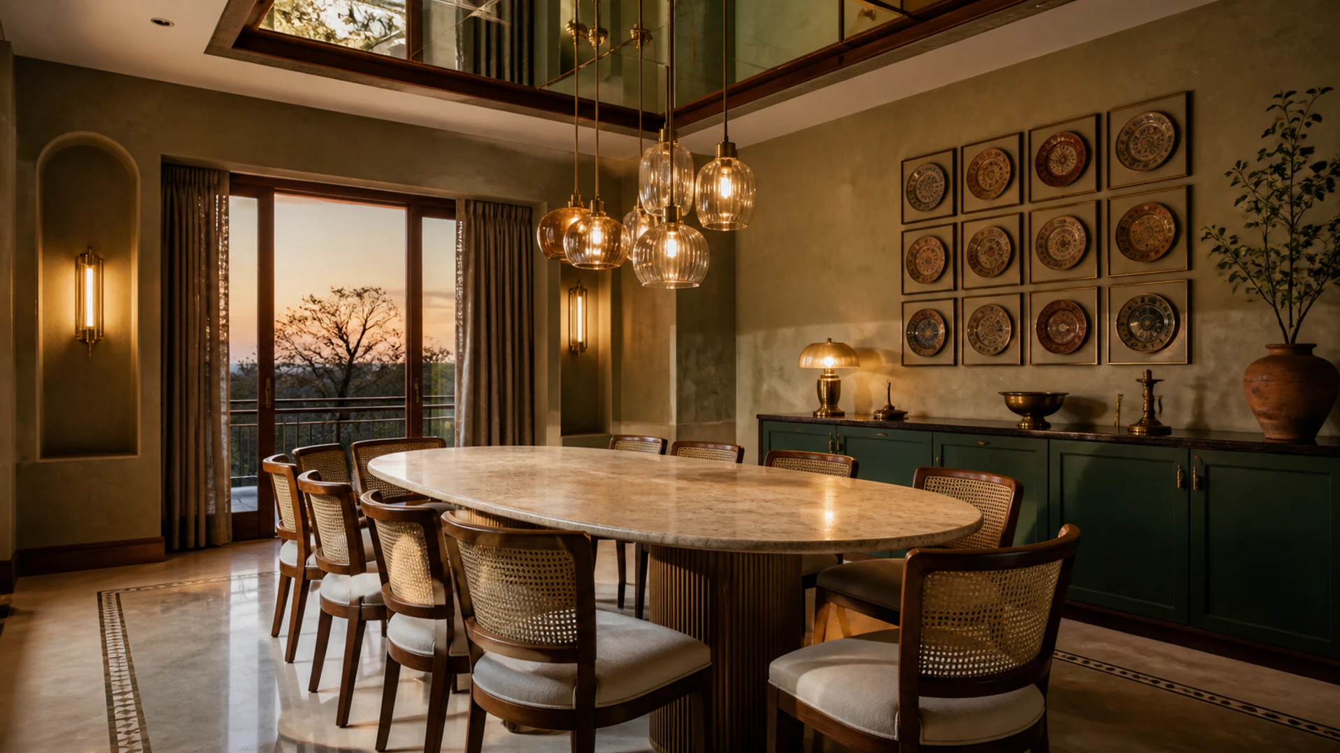 Elegant dining room concept with warm timber, sculptural lighting, and a calm ivory palette