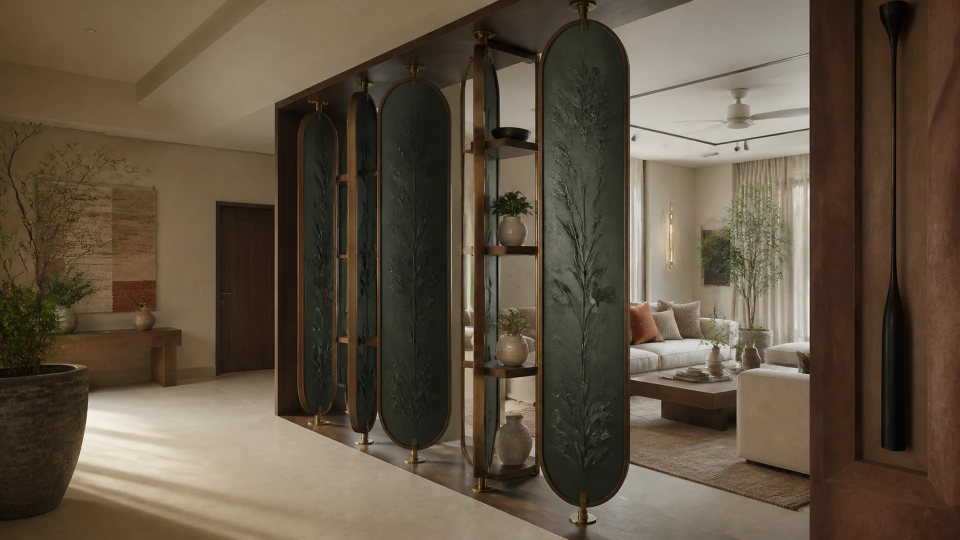 Interior concept showing a handcrafted timber and cane partition filtering light through a calm living space